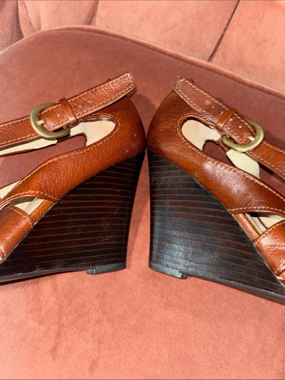 Franco Sarto heels open toe strappy leather wooden narrow wedge women’s 8.5 - Picture 15 of 16